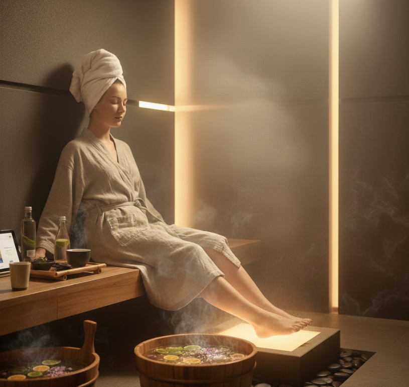 Дълбоко уелнес ръководство за масаж на краката в стая за изпотяване